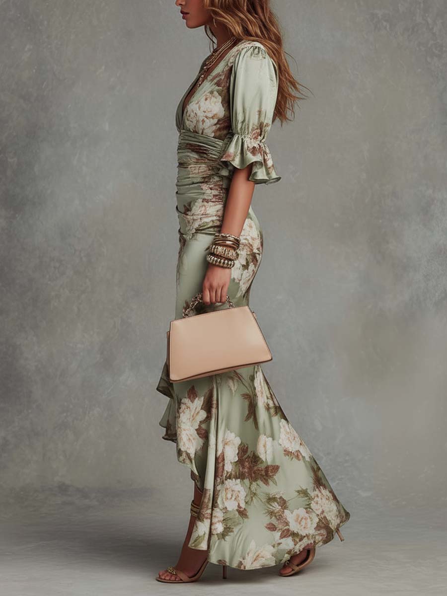 Larissa | Retro Floral Ruched V-Neck Maxi Dress