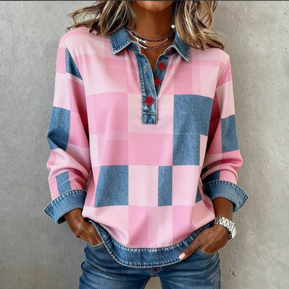 Casual Patchwork Button V-Neck Long Sleeve Top