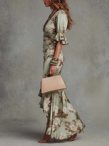 Larissa | Retro Floral Ruched V-Neck Maxi Dress