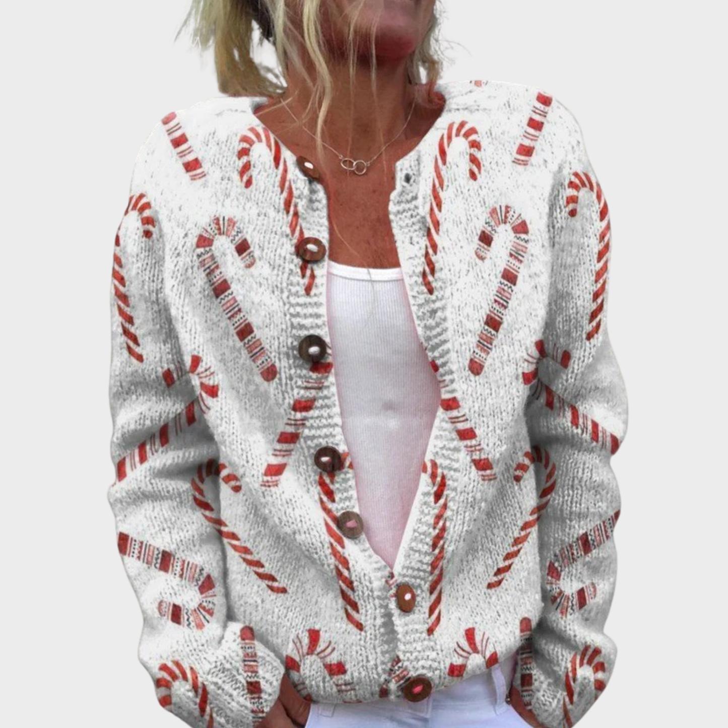 Festive Candy Cane Decorative Pattern | Buttoned Cardigan Sweater