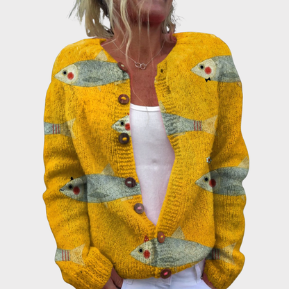 Vintage Fish Sardines Art Print | Buttoned Cardigan Sweater