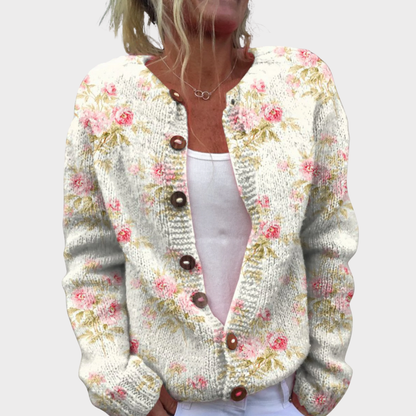 Fresh Pink Flowers and Green Leaves Print | Buttoned Cardigan Sweater