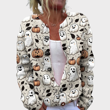 Funny Ghost Halloween | Art Print | Buttoned Cardigan Sweater
