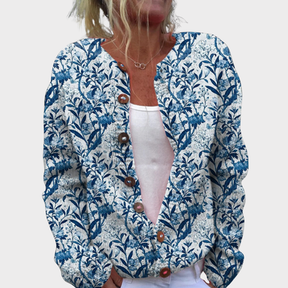 Elegant Blue And White Floral Pattern Print Buttoned Cardigan Sweater