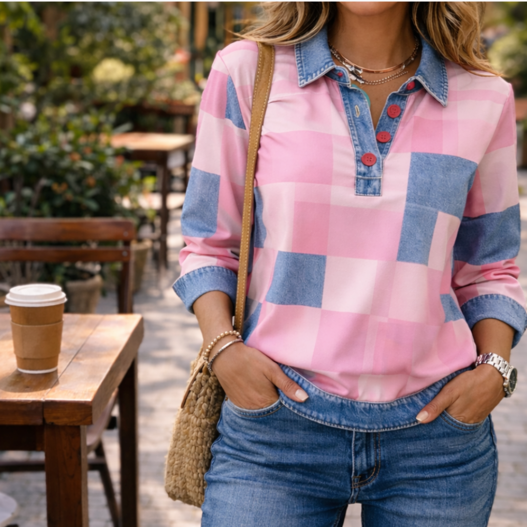 Casual Patchwork Button V-Neck Long Sleeve Top