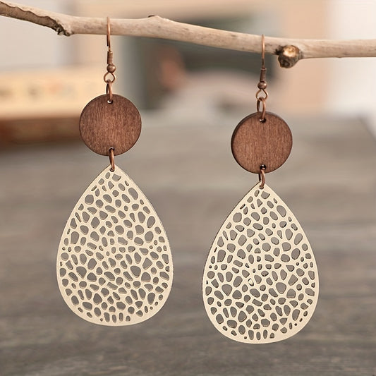 Vintage Cutout Leather Drop Earrings - Gold