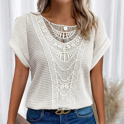 Rosa | Top with Round Neck and Lace Trim