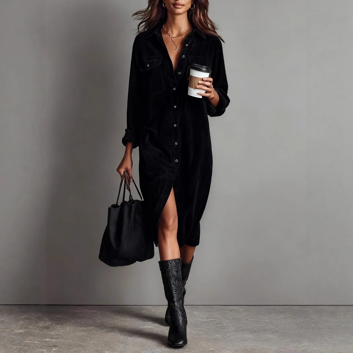 Ashleigh | Boho Corduroy Polo Collar Maxi Dress