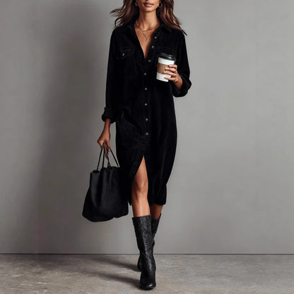 Ashleigh | Boho Corduroy Polo Collar Maxi Dress
