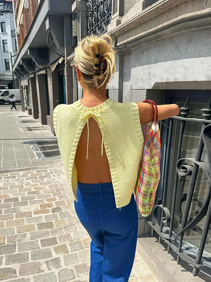 Women's Knitted Vest Cropped Open Back | Sleeveless