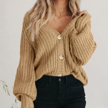 Women's Chunky Cardigan Knit Oversized with Balloon Sleeve | V-Neck