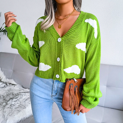 Women's Cropped Knit Cardigan with Cloud Print | Button Up V-Neck