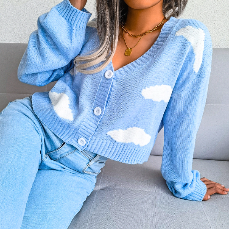 Women's Cropped Knit Cardigan with Cloud Print | Button Up V-Neck