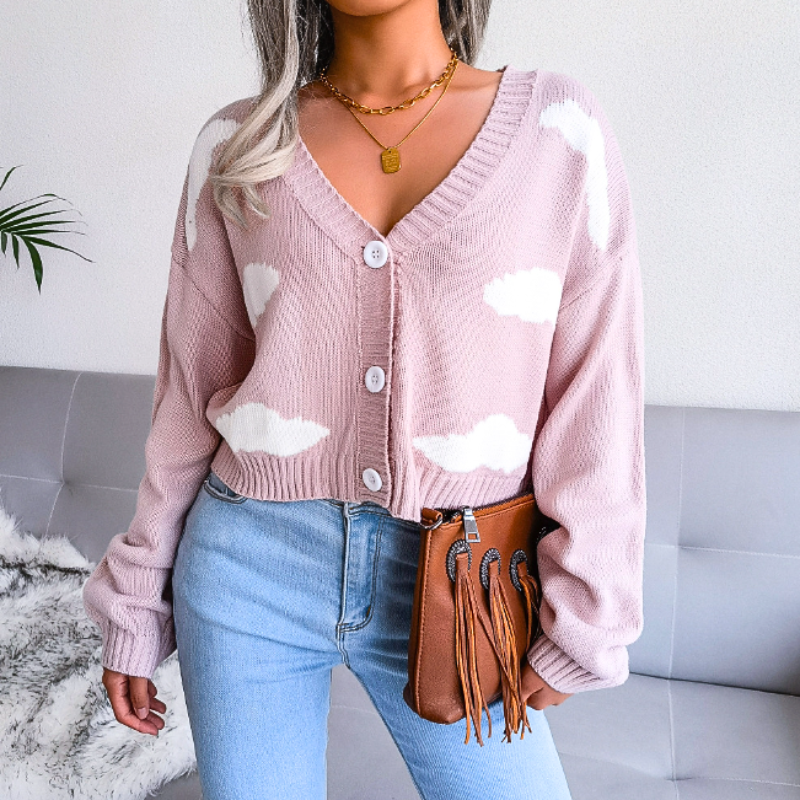 Women's Cropped Knit Cardigan with Cloud Print | Button Up V-Neck