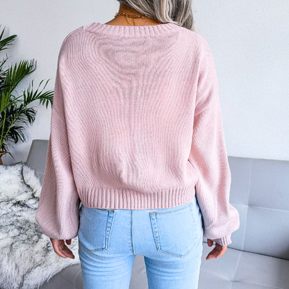 Women's Cropped Knit Cardigan with Cloud Print | Button Up V-Neck