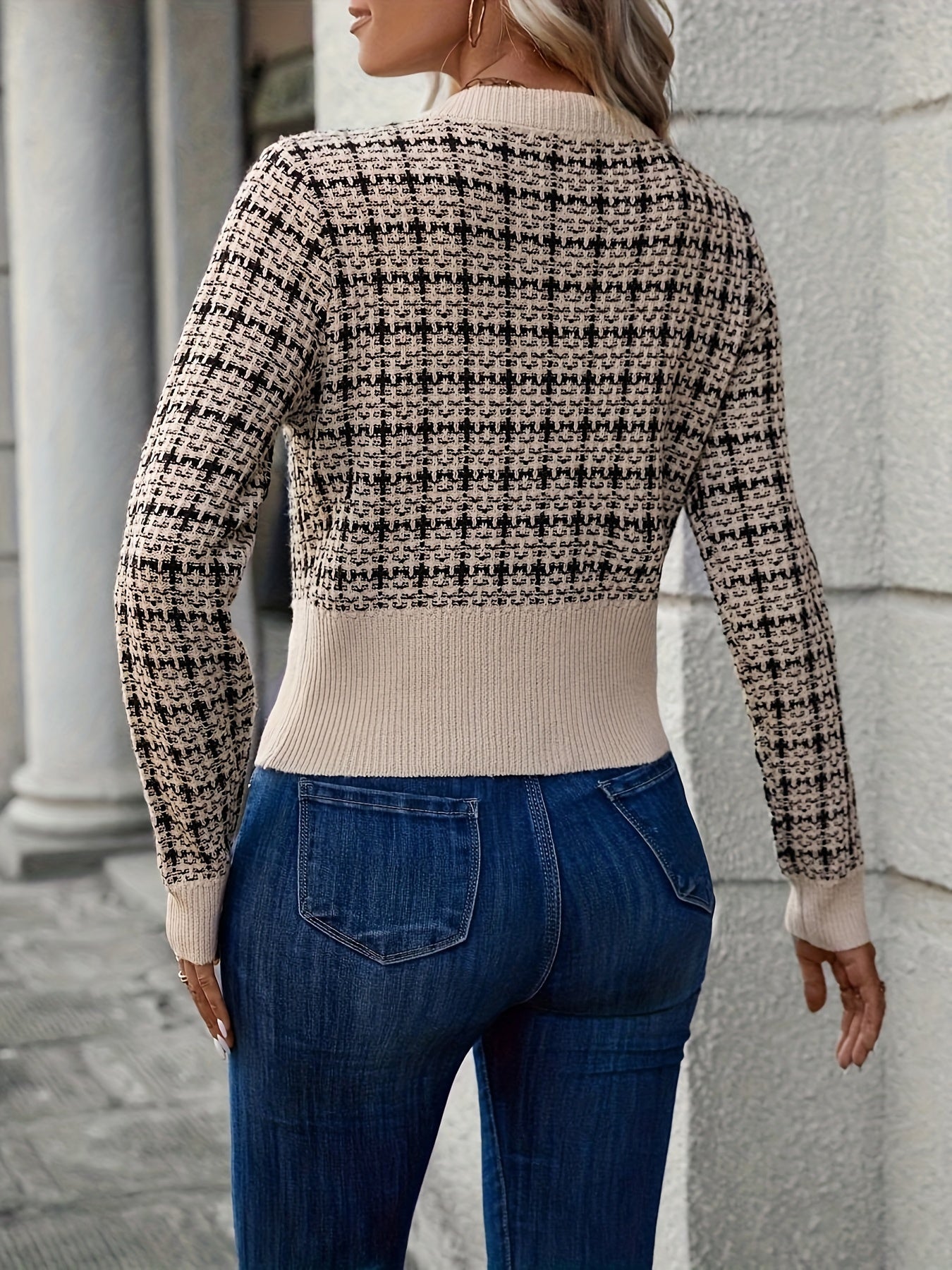 Women's Cropped Knit Cardigan with Houndstooth | Button Up