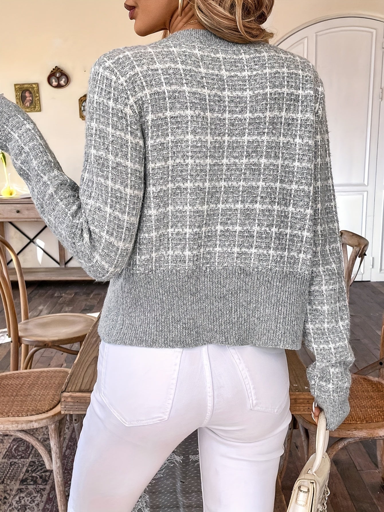 Women's Cropped Knit Cardigan with Houndstooth | Button Up