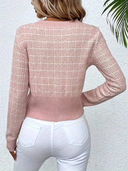 Women's Cropped Knit Cardigan with Houndstooth | Button Up