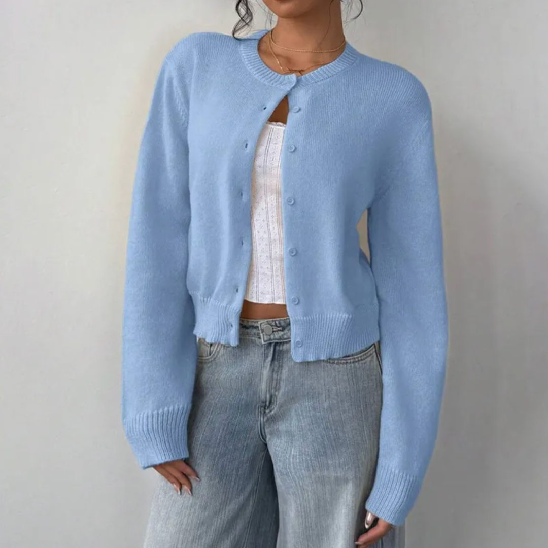 Women's Cropped Knit Cardigan with Ribbed Trim | Button Up