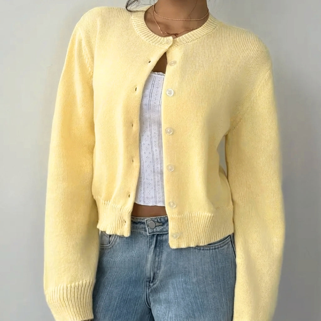 Women's Cropped Knit Cardigan with Ribbed Trim | Button Up