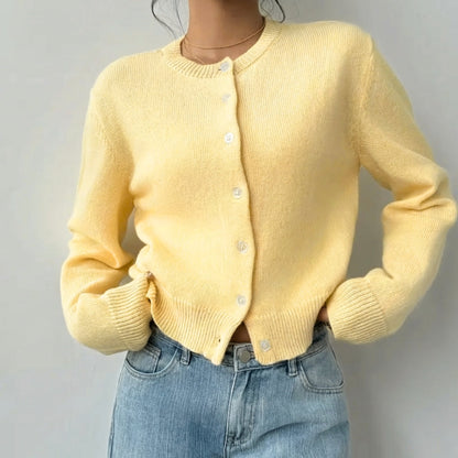 Women's Cropped Knit Cardigan with Ribbed Trim | Button Up