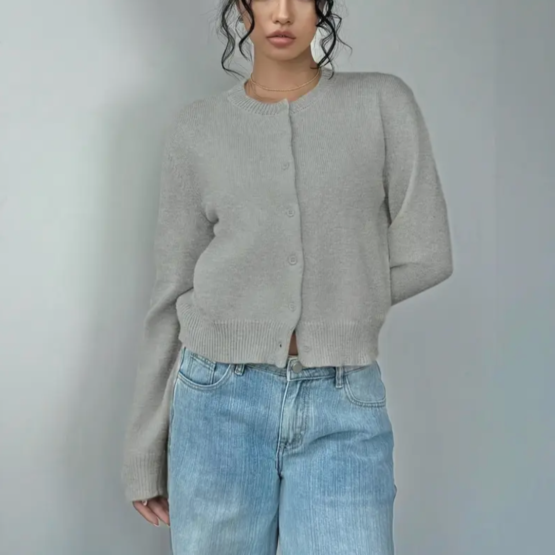 Women's Cropped Knit Cardigan with Ribbed Trim | Button Up