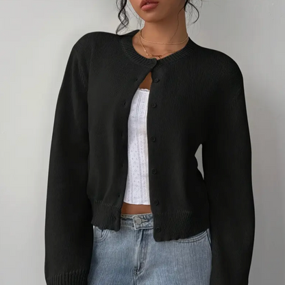 Women's Cropped Knit Cardigan with Ribbed Trim | Button Up