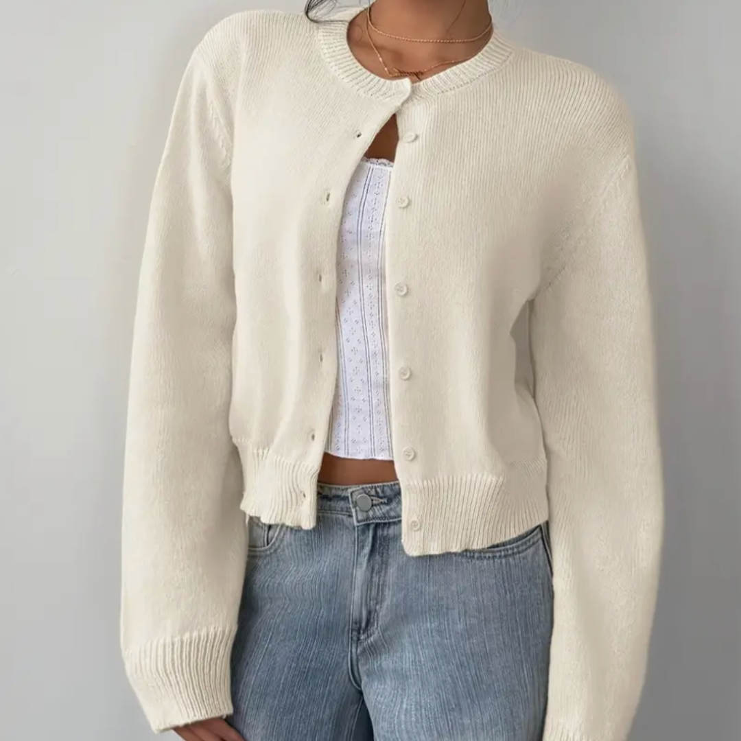 Women's Cropped Knit Cardigan with Ribbed Trim | Button Up