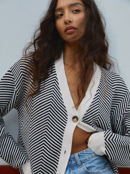 Women's Knit Cardigan with Chevron Stripes & V-Neck | Button Up