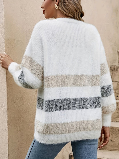 Women's Knit Cardigan with Color Block Stripes | Button Up