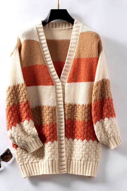 Women's Knit Cardigan with Color Block Stripes | Open Front