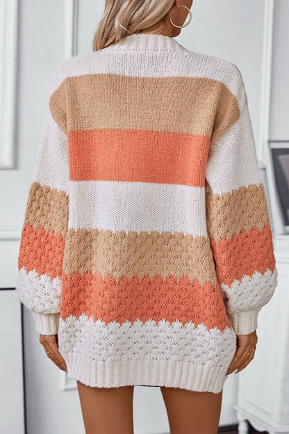 Women's Knit Cardigan with Color Block Stripes | Open Front