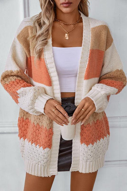 Women's Knit Cardigan with Color Block Stripes | Open Front