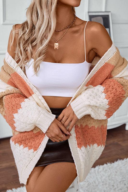 Women's Knit Cardigan with Color Block Stripes | Open Front