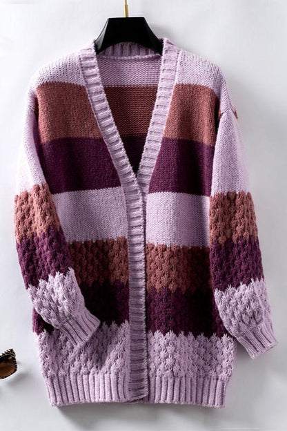 Women's Knit Cardigan with Color Block Stripes | Open Front