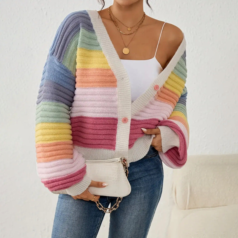 Women's Knit Cardigan with Rainbow Stripes & V-Neck | Button Up