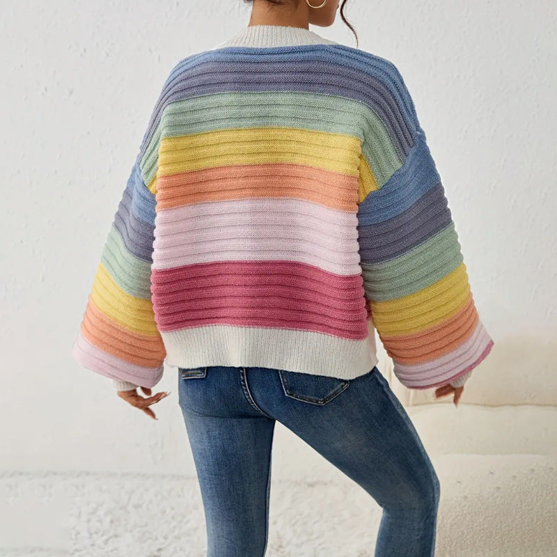 Women's Knit Cardigan with Rainbow Stripes & V-Neck | Button Up
