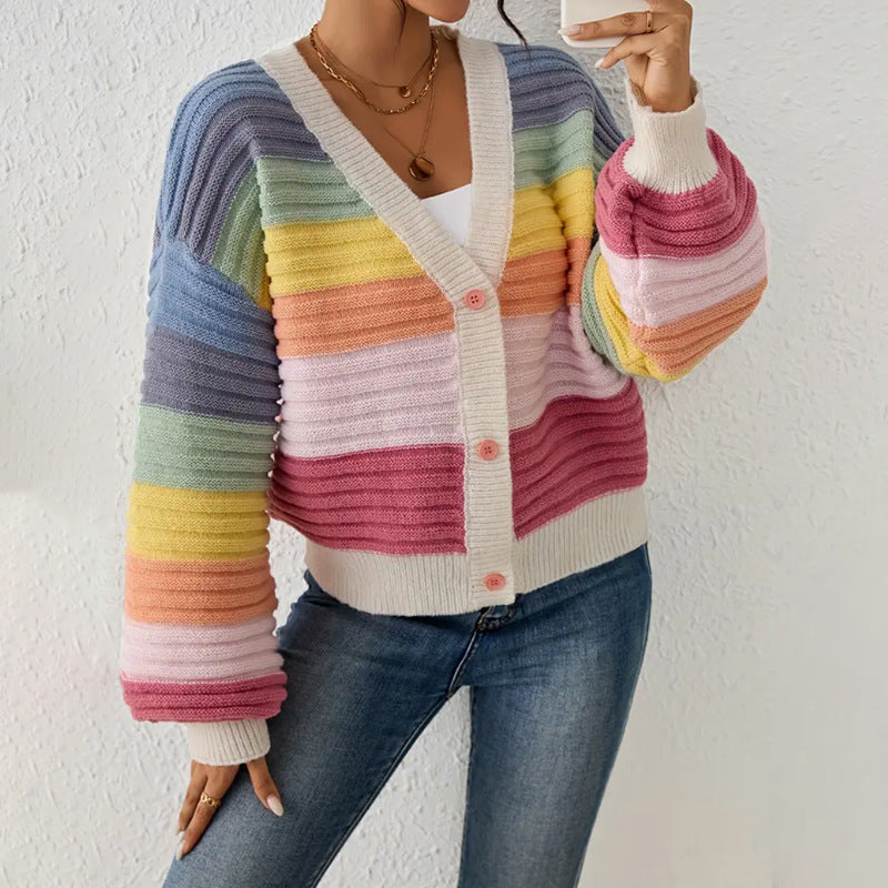 Women's Knit Cardigan with Rainbow Stripes & V-Neck | Button Up