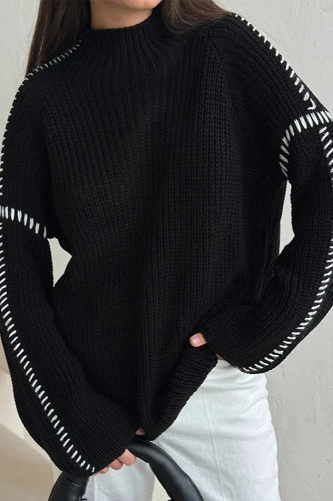 Women's Knitted Jumper Chunky Oversized & Mock Neck | Contrast Stitch