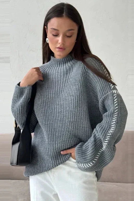 Women's Knitted Jumper Chunky Oversized & Mock Neck | Contrast Stitch