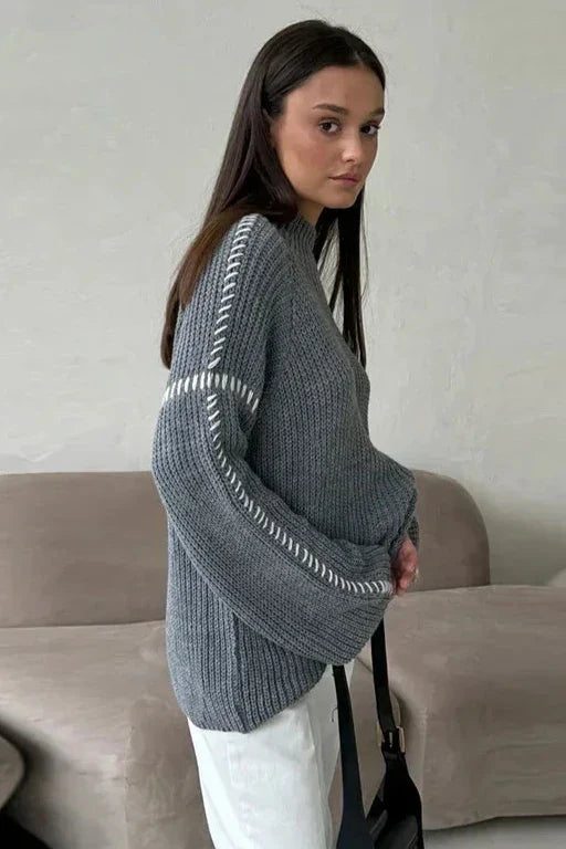 Women's Knitted Jumper Chunky Oversized & Mock Neck | Contrast Stitch