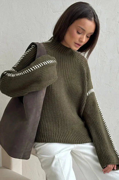 Women's Knitted Jumper Chunky Oversized & Mock Neck | Contrast Stitch