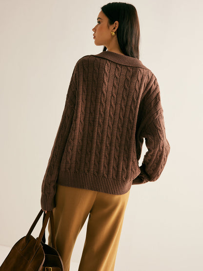 Women's Knitted Jumper Collared V-Neck | Cable Knit