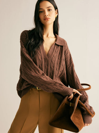 Women's Knitted Jumper Collared V-Neck | Cable Knit