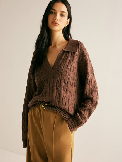 Women's Knitted Jumper Collared V-Neck | Cable Knit