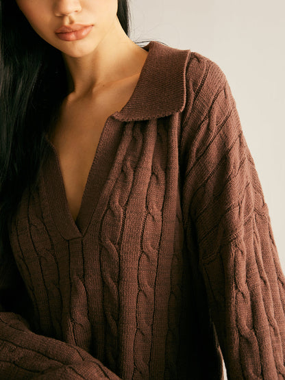 Women's Knitted Jumper Collared V-Neck | Cable Knit
