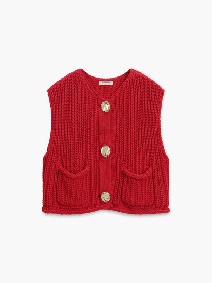 Women's Knitted Vest with Patch Pockets & Button Front | Cropped