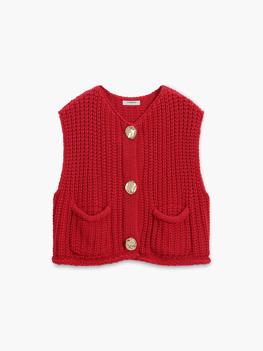 Women's Knitted Vest with Patch Pockets & Button Front | Cropped