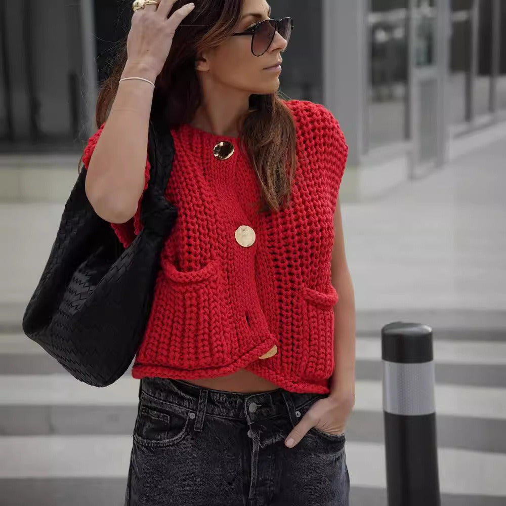 Women's Knitted Vest with Patch Pockets & Button Front | Cropped