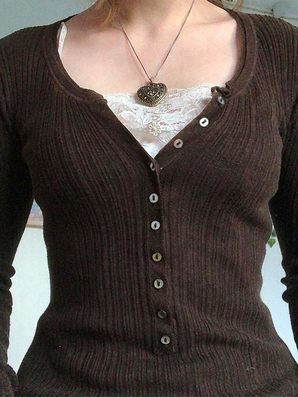 Women's Long Sleeve Top with Ribbed Knit & Button Front | V Neck